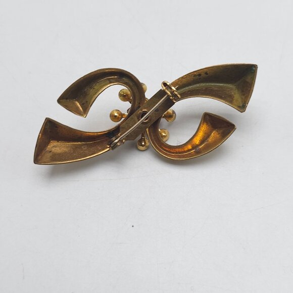 Vintage Brooch Pin Gold Tone Pink White Rhinestone Flower Bow - Picture 3 of 4